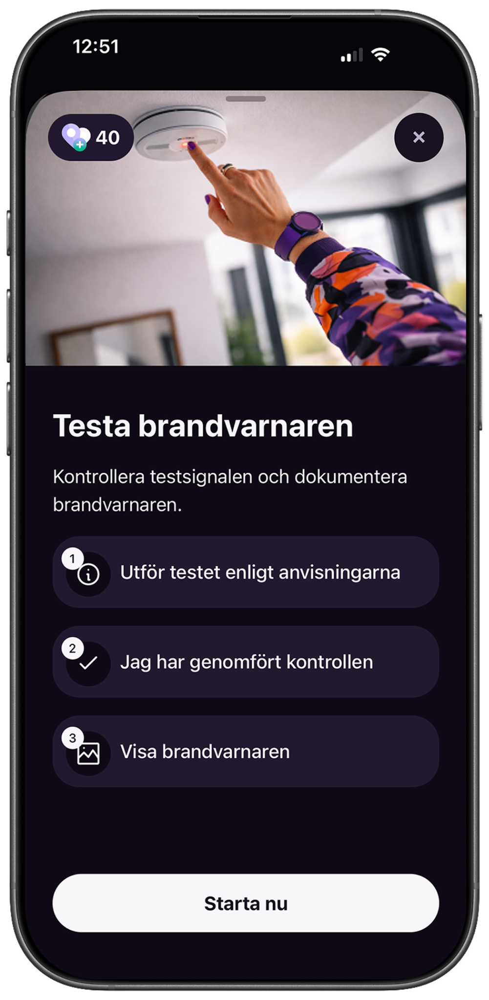 Uppdraget Testa brandvarnaren med instruktioner, bekräftelse och bild