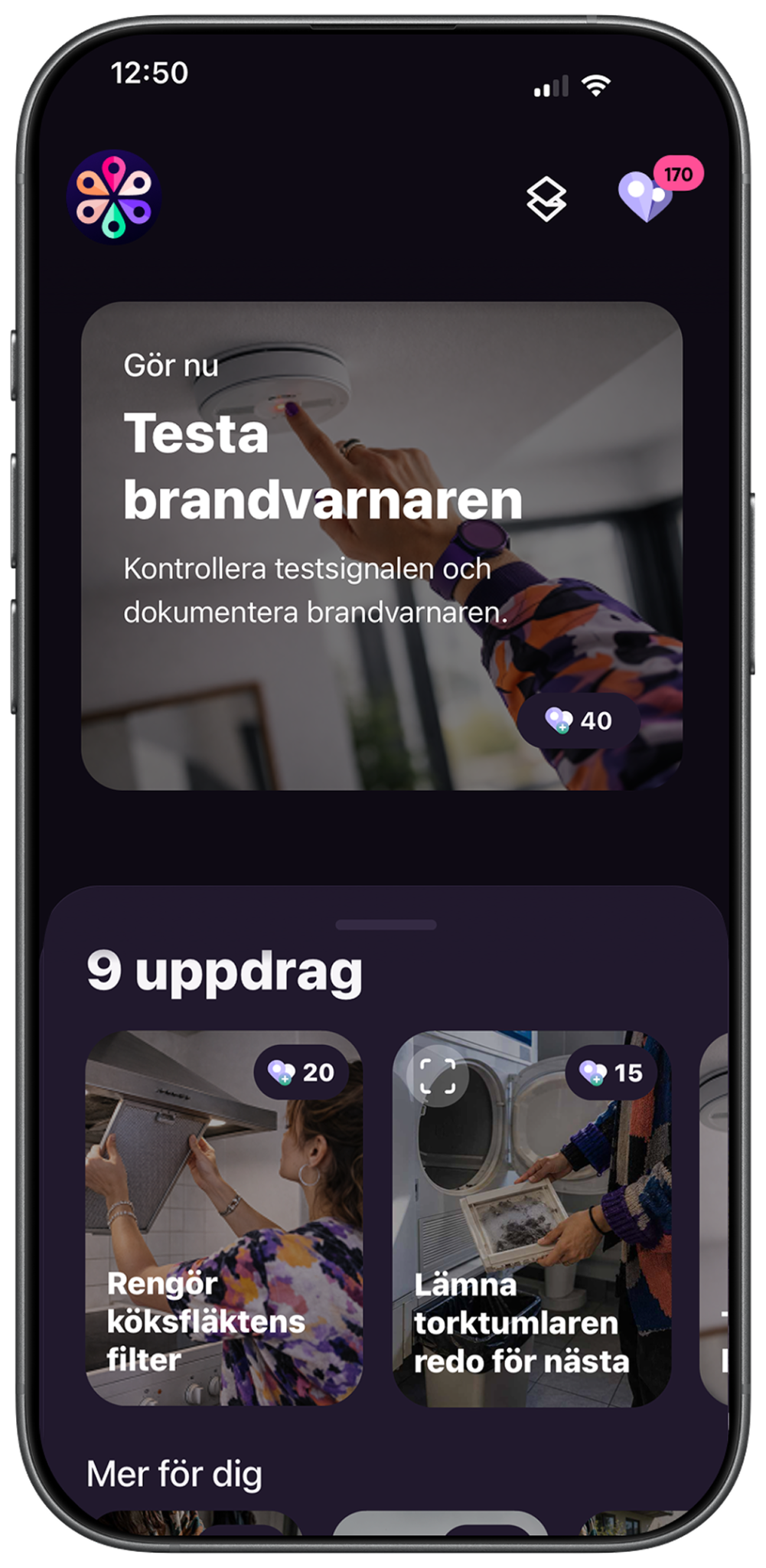 Local Minds-appen visar tillgängliga uppdrag och poäng